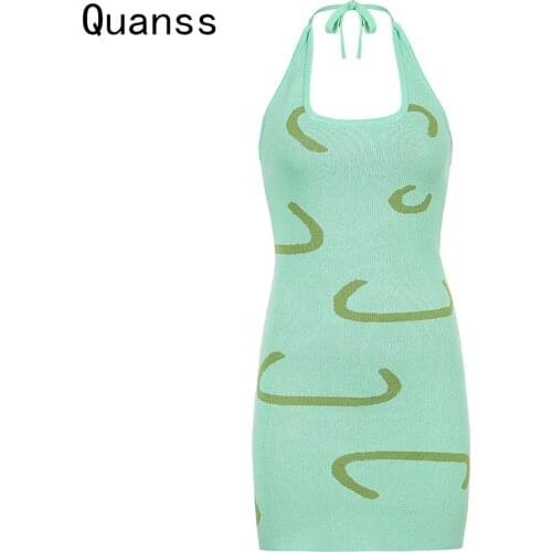 Quanss 2021 Knitted Bodycon Dress Women Y2k Halter Neck Summer Sleeveless Backless Sexy Party Beach Short Dresses