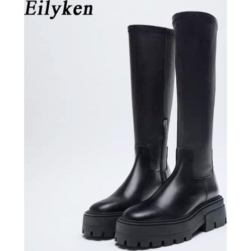 Eilyken Winter New Cozy Soft Leathe Knee High Boots Women Thick Heel Platform Round Toe Zipper Fashion Motorcycle Long Shoes