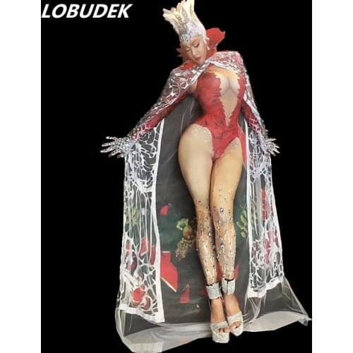 Silver Long Cloak Red Bodysuit Rhinestones Feathers Headgear Sets Sexy Women Singer Concert Costume Nightclub Party Stage Outfit