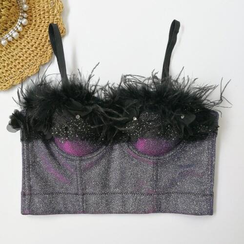 Peacock blue mesh 3D decoration camisole womens outer wear sexy feather tube top phantom color glittered tank tops Bustier bra