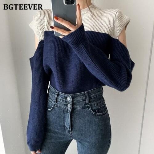 BGTEEVER Stylish O-neck Patchwork Women Knitted Jumpers Long Sleeve Off-The-Shoulder Female Sweater Pullovers Tops 2020 Winter