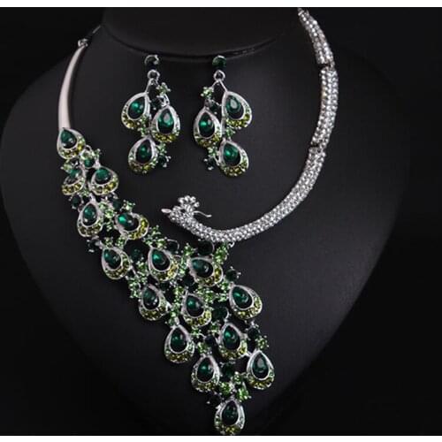 Bridal Jewelry Sets Full Diamond Gemstone Peacock Necklace Earrings Sets For Temperamen Fashion Party Banquet Accessories 2021