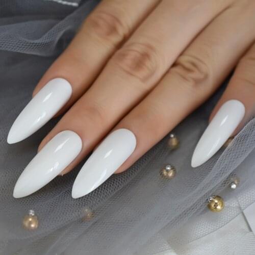 Slim Extreme Long Stiletto Fake Nails White Sharp Tips Glossy with UV Cover Acrylic Nails with Glue tabs
