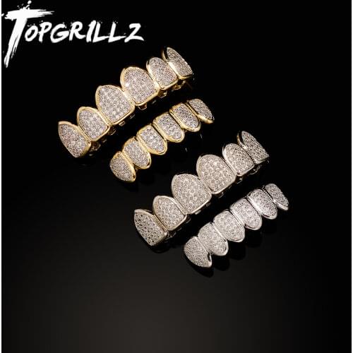 TOPGRILLZ Hip Hop Gold Color Plated Teeth Grillz Caps CZ Micro Pave Exclusive Luxury Top&Bottom Gold Grillz Set Ship From US