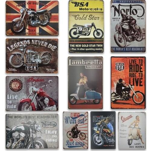 Vintage Motorcycle Poster Metal Paintings BSA Norton Vespa Metal Plate Decoration Antique Motorbike Tin Signs Wall Art Decor