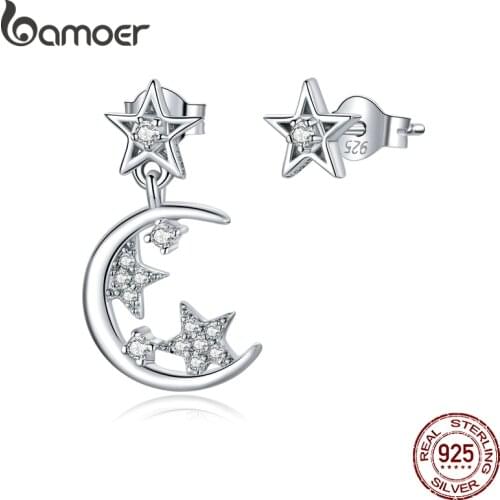 Bamoer Silver 925 Stars and Moon Asymmetry Stud Earrings for Women Wedding Luxury Jewelry CZ 925 Sterling Silver Jewelry SCE813