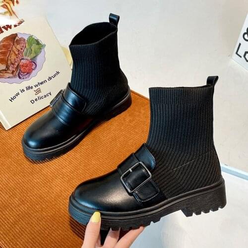 Stretch Stitching Leather Fabric Buckle Women Boots Fashion Round Toe Square Heels Women Ankle Boots Slip-on Shoes Woman Boats