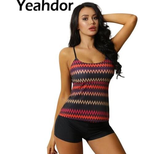 2PCS Women Summer Swimwear Swimsuits Bathing Suits Beachwear Tankini Scoop Neck Sleeveless Back Strappy Tops with Boyshorts Set
