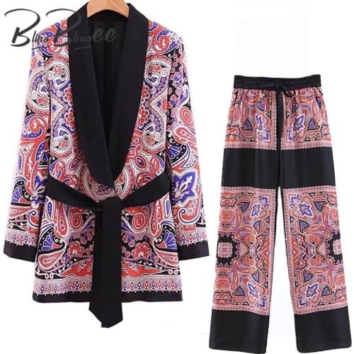 BlingBlingee Paisley Print Summer Autumn Patchwork Women Casual 2 Piece Sets Belted Blazers and Straight Pants 2021 Female Suits