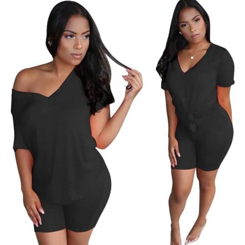 Casual V Neck Women Tracksuit Summer Two Piece Set T-Shirt + Biker Shorts Sets Solid Color Female Outfits Ladies Casual 2 Piece