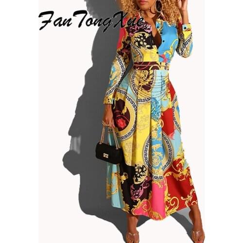 Fall Dresses for Women 2021 Geo Colorblock Print Office Lady Fashion Dress Women Fit Flare Long Sleeve OL Vintage Long Dress