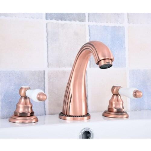Antique Copper 2 Ceramic Handle Deck-Mount 3 Hole Widespread Bathroom Lavatory Vessel Bathtub Basin Faucet Sink Mixer Tap dsf538