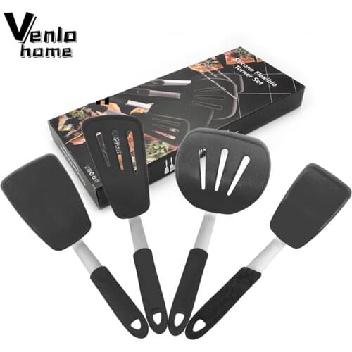 Non-Stick Silicone Turner Spatula Set Heat-Resistant Flexible Turner Spatula Egg Pancake Flipper Stainless Steel Cooking Utensil
