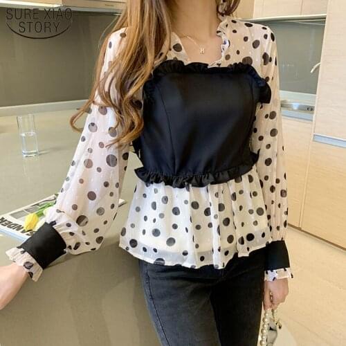 Blusas Mujer 2021 Autumn New Sweet Spliced Shirt Female V-Neck Polka Dot Long Sleeve Chiffon Blouse Women Chemisier Femme 10540