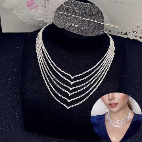 Bohemian multi-layer shiny Rhinestone womens necklace womens geometric Crystal Necklace wedding bride jewelry accessories