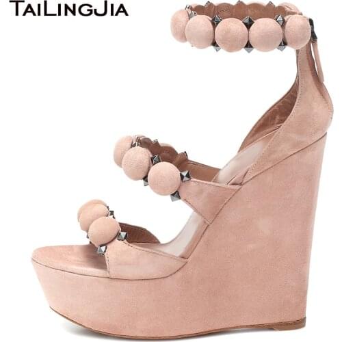 Trio Straps Pompoms Wedge Sandals Women 2021 Pink Heels With Studs Ladies Platform Shoes Summer Wedges Ultra High Heel Footwear