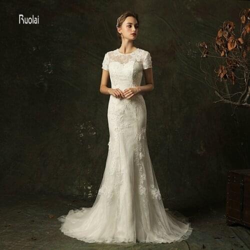 Elegant Mermaid Wedding Dress 2018 Long Short Sleeves Appliques Lace Wedding Gown Bridal Dresses Open Back vestido de noiva