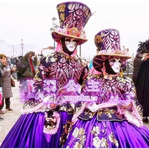 Purple Venetian merchants traditional costume Nightclub bar business halloween cosplay national carnival print dress hat mask