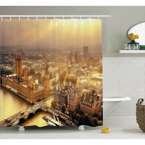 Cityscape Shower Curtains Westminster Aerial View with Thames River and London Urban Cityscape Panoramic Bathroom Curtain Mat