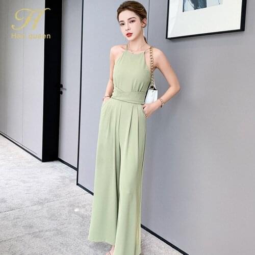 H Han Queen Elegant Vintage High Waist Jumpsuits Women 2021 New Summer Wide Leg Long Playsuits Korean Casual Work Wear Rompers