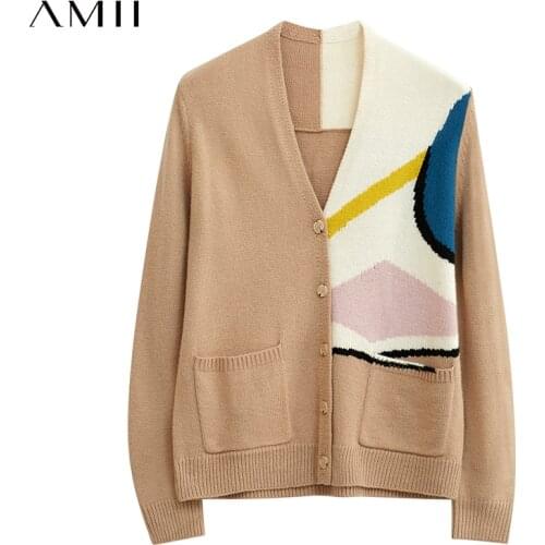Amii Minimalism Autumn Winter Causal Female Cardigan Fashion Patchwork Vneck Single Breasted Cardigans For Women Tops 12020458