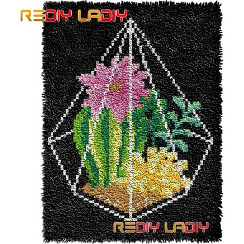 Latch Hook Rug Pink Flowers DIY Carpet Rug Kits Thick Yarn Cross Stitch Hand Knotted Lush Floor Mat Crochet Warm Cushion Crafts