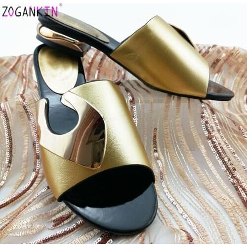2019 Ins Hot Selling Italian Style Slingbacks African Women Slipper in Golden Color Nigerian Women Shoes without Bag for Party