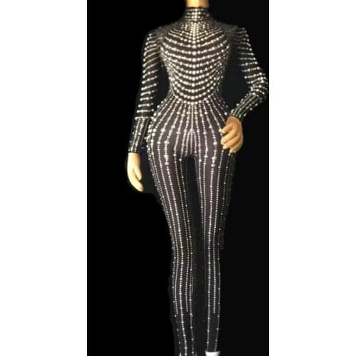Fashion Black Nude Pearls Jumpsuit One-piece Stretch Sexy Bodysuit Stage Performance Party Celebrate Luxurious Leggings