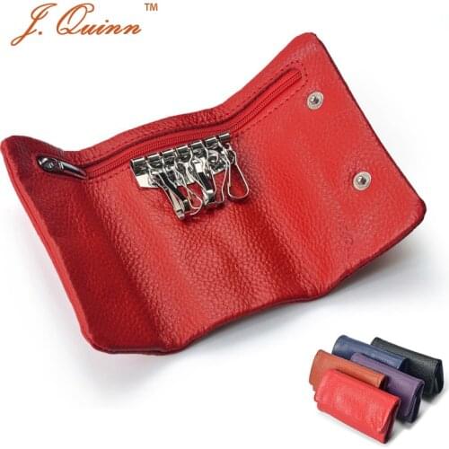 J.Quinn Soft Women Genuine Leather Key Wallets Lichee Cowhide Trifold Red Purple Key Case with Zipper Coin Purse for Young Lady