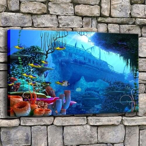 Wall Artwork 1 Piece Depth Ocean Sea World Coral Fish And Ship Picture Modern Home Decorative Top-Rated Canvas Print Painting