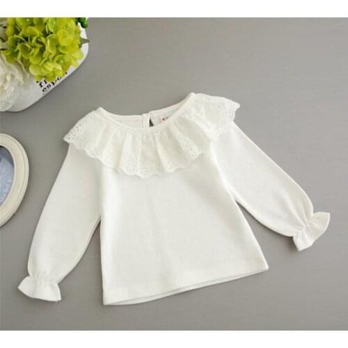 Toddler Girl Spring T-shirt Cotton Long Sleeve Lace Patchwork Princess Tops Preppy Style White School Shirts 2-7Yrs Kids Clothes