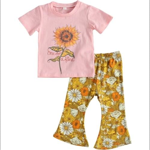 OPPERIAYA Baby Girls Clothing Summer Set Flower Print Short Sleeve Tops Flared Pants Two-piece Suit for Vacation Birthday Party