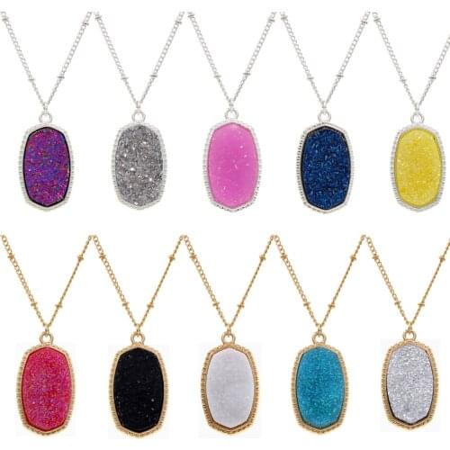 Resin Oval Druzy Drusy Hexagon Pendant Necklace Choker Statement Necklaces for Women Jewelry Gift Party