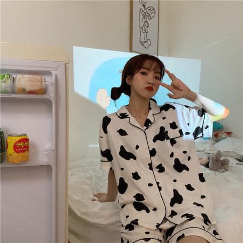 Summer Sexy Cotton Pajamas Set Kawaii Cows Printing Cartoon Short Sleeve Ladies Soft Leisure Nightwear Plus Size Mujer Sleepwear