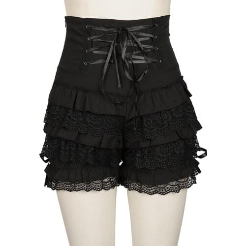 Retro Black Gothic Steampunk Lolita Ruffle Lace Safety Shorts Pumpkin Bloomer High Waist Shorts Pants Women Boyshort Panties