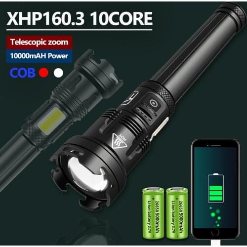 Ultra Bright XHP160.3 LED Flashlight with COB Side Light 10000mAH USB Rechargeable LED Tactical Flashlight Zoomable & Waterproof