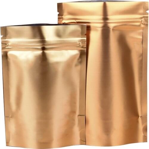 100Pcs/Lot Gold Stand Up Aluminum Foil Packaging Bags Self Seal Ziplock Food Storage Doypack Reclosable Zipper Party Pouches