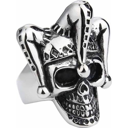 Valily Jewelry Gothic Joker Clown Skull Ring Stainless Steel Punk Gothic Ring for Men Finger Band anel masculino ,US size 8--14