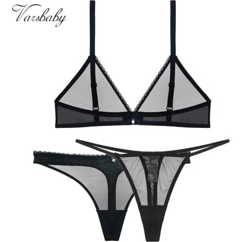 Varsbaby 3-piece deep V 1bra + 2 thong lace underwear transparent unlined soft bra set