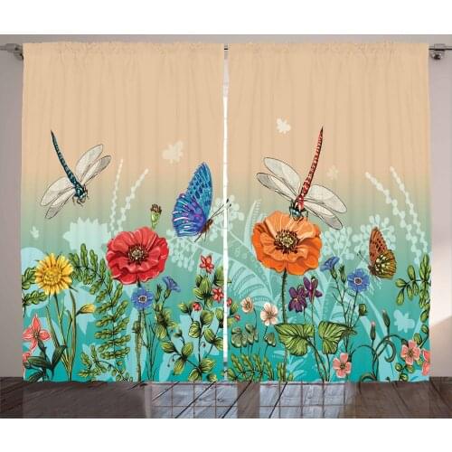 Butterfly Meadow Curtains Spring Dragonfly Flowers Satin Fabric Drapes for Living Room Bedroom 2 Panel Window Set