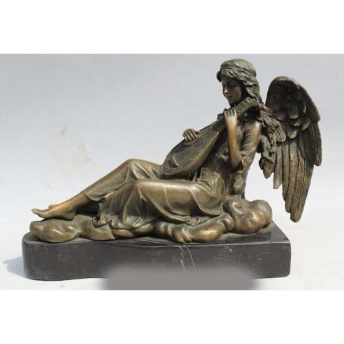 7"Western Art sculpture Bronze Marble Women Bell Angell Playing Pipa Statue