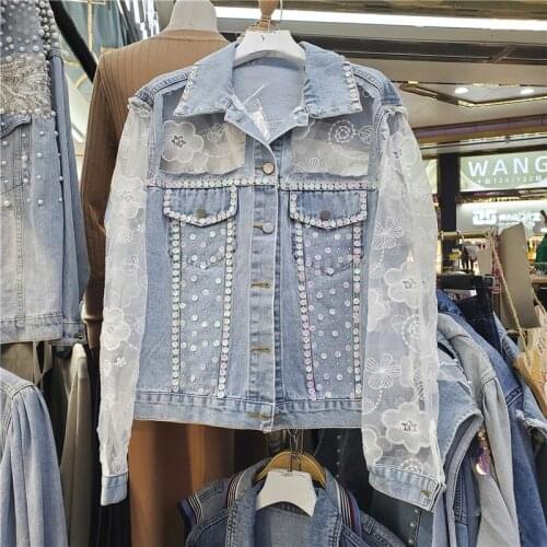 Floral Lace Patch Denim Jacket Women 2021 New Style Sequined Jeans Coats Female Spring Autumn Fashion Ins Loose Veste Femme