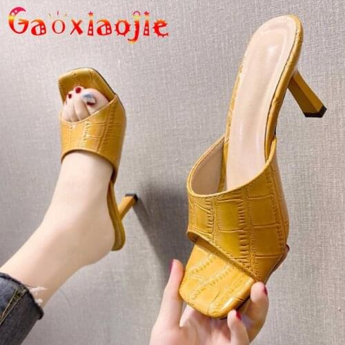 Fashion Plaid Embossing 2021 New Slippers Women Concise 7.5CM Stiletto Sandals Sexy Square Toe Summer Office High Heel Shoes