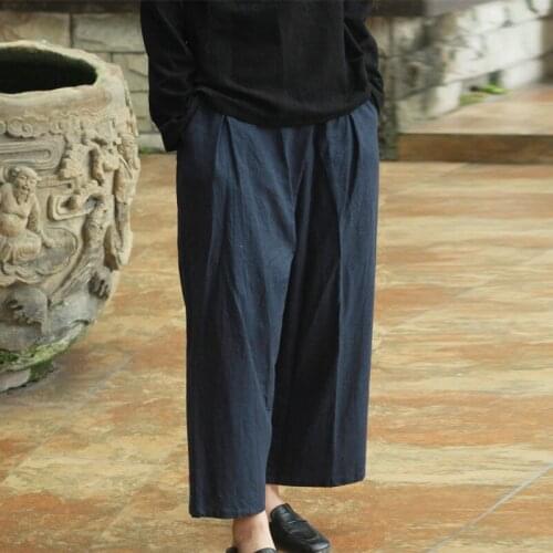 Johnature Loose Leisure Cotton Linen Pockets Elastic Waist Wide Leg Pants 2021 Autumn New Women All-match Ankle-length Pants