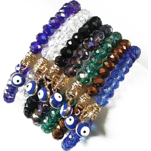 ISINYEE Fashion Blue Turkish Evil Eye Charm Bracelets Glass Crystal Beads Bracelet For Women Girls Elastic Summer Hand Jewelry
