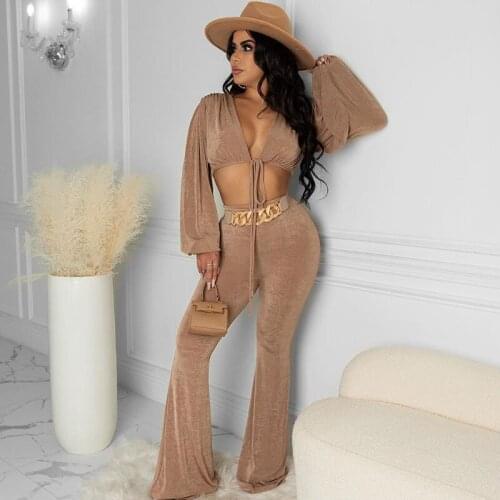 Velours Elegant Two Piece Set Women Matching Sets Lantern Sleeve Crop Top and Flare Pants Sexy Club Outfits Ensemble Femme 2021