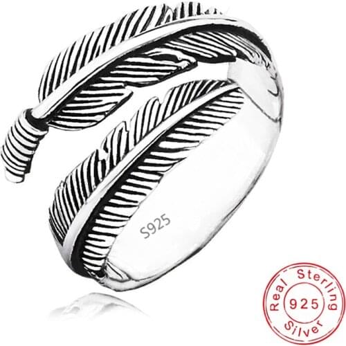 New Fashion Antique 925 Sterling Silver Feather Rings Vintage Adjustable Leaf Wishbone Ring Wholesale Street Style Women Jewelry