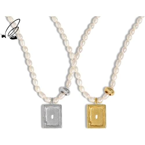 SSTEEL 925 Sterling Silver Freshwater Pearl Pendant Necklace For Womens Minimalist Geometric Texture Accessories Jewellery