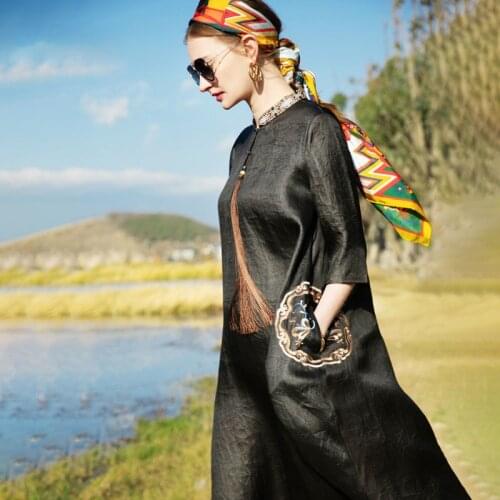 Silk Dress Female Spring New Street Style Embroidery Pocket Loose Half Sleeves Long A-line Dress S-XL