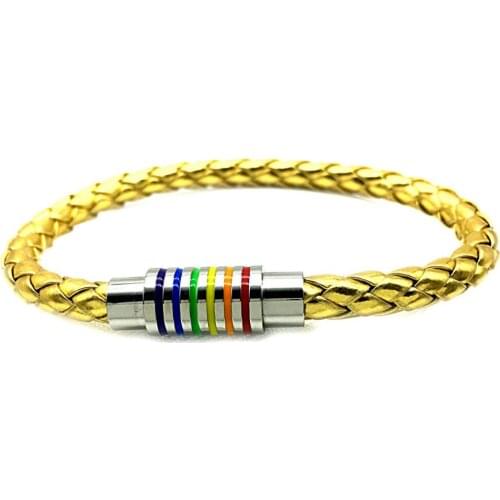 Golden Leather Rainbow StainlessSteel Magnet Buckle Bracelet Gay Pride Bracelet With Stainless Steel Accessories Male Jewlery